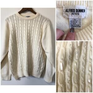 VTG Alfred Dunner Cable Knit Sweater Cream Pearl Ribbon Detail PL Coquette 90s